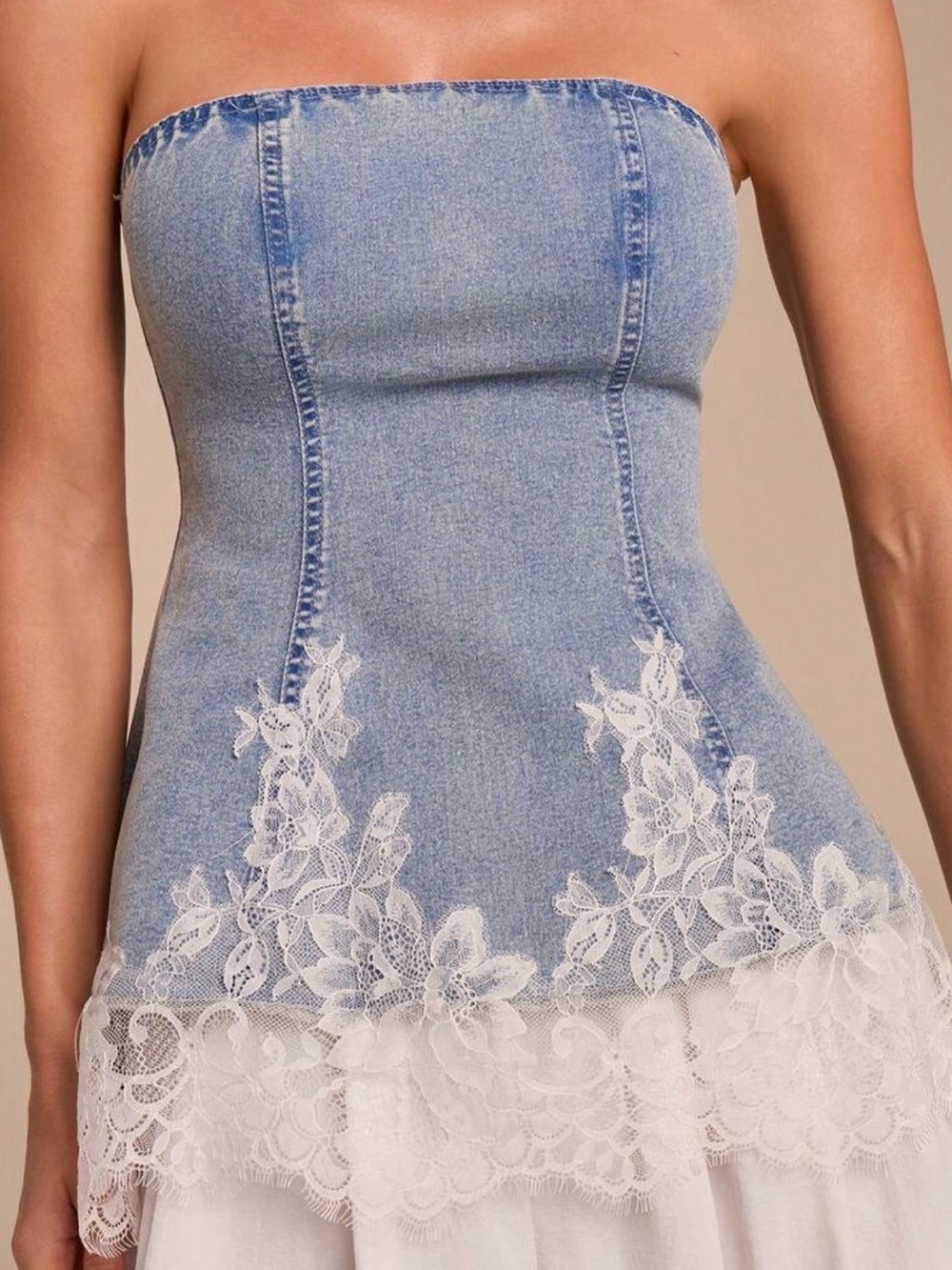 Strapless Denim-Look Lace Hem Top in Light Blue - Picture 2 of 6